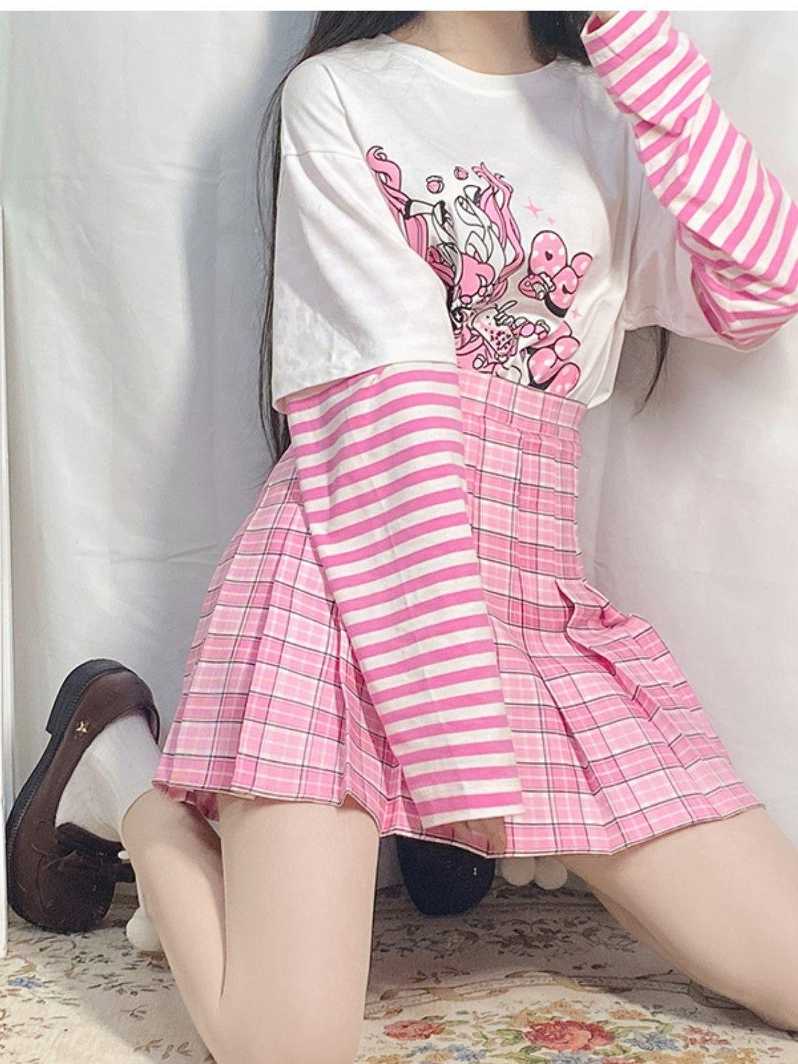Alita26SS Pink Plaid High Waist A Line Pleated Skirts Women's