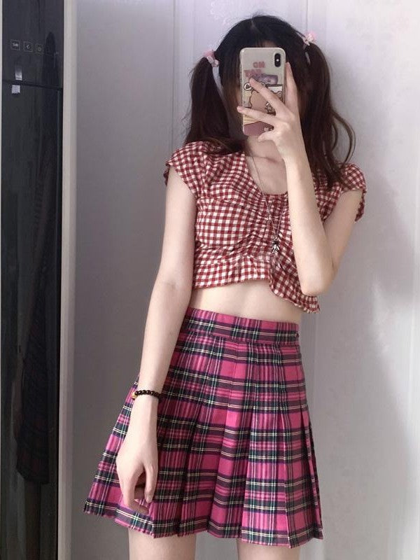 Alita26SS Plaid High Waist Button Zip A Line Cotton Women's Pleated Skirts