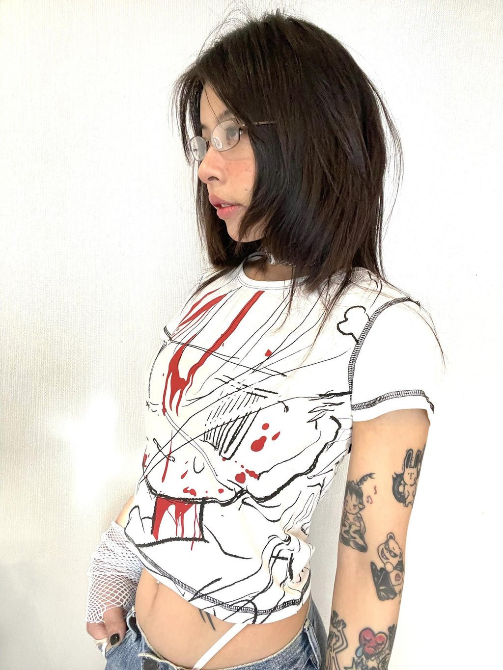 Alita26SS Printed Hand Drawn Dark Y2k Cropped Women's Cotton Slim T-shirts
