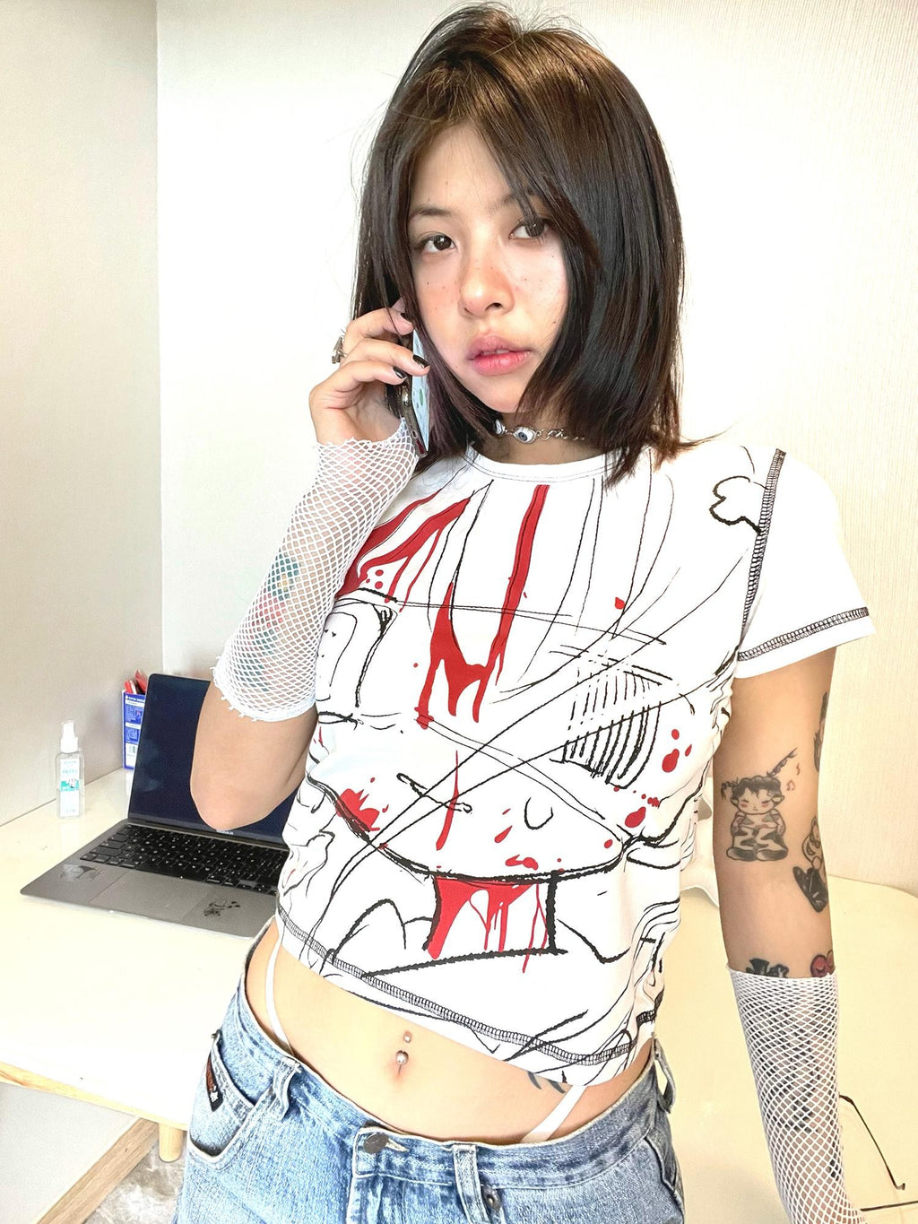 Alita26SS Printed Hand Drawn Dark Y2k Cropped Women's Cotton Slim T-shirts