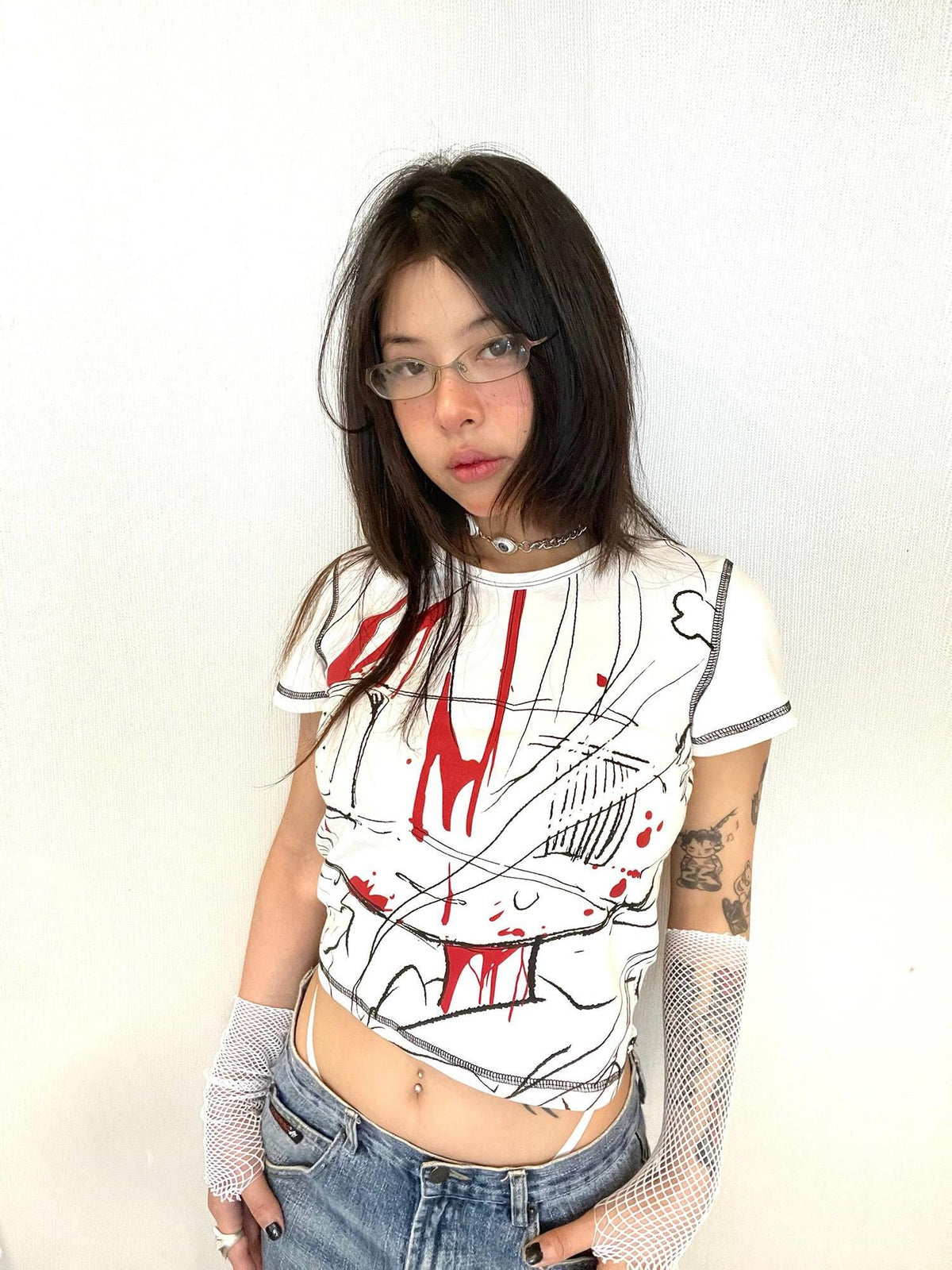 Alita26SS Printed Hand Drawn Dark Y2k Cropped Women's Cotton Slim T-shirts