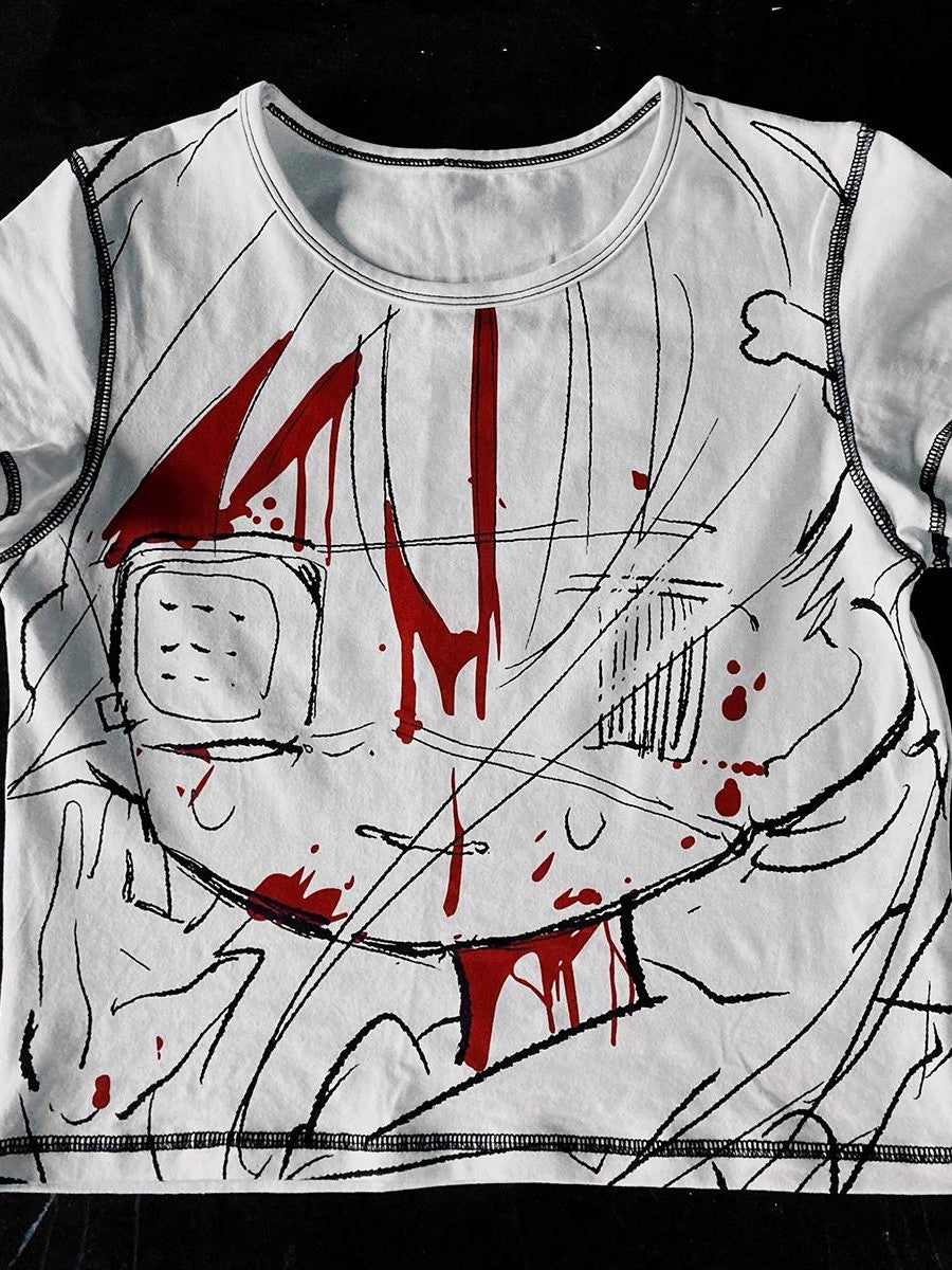 Alita26SS Printed Hand Drawn Dark Y2k Cropped Women's Cotton Slim T-shirts