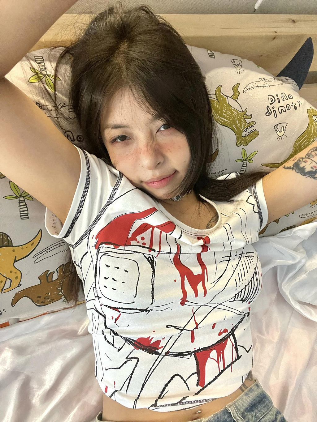 Alita26SS Printed Hand Drawn Dark Y2k Cropped Women's Cotton Slim T-shirts