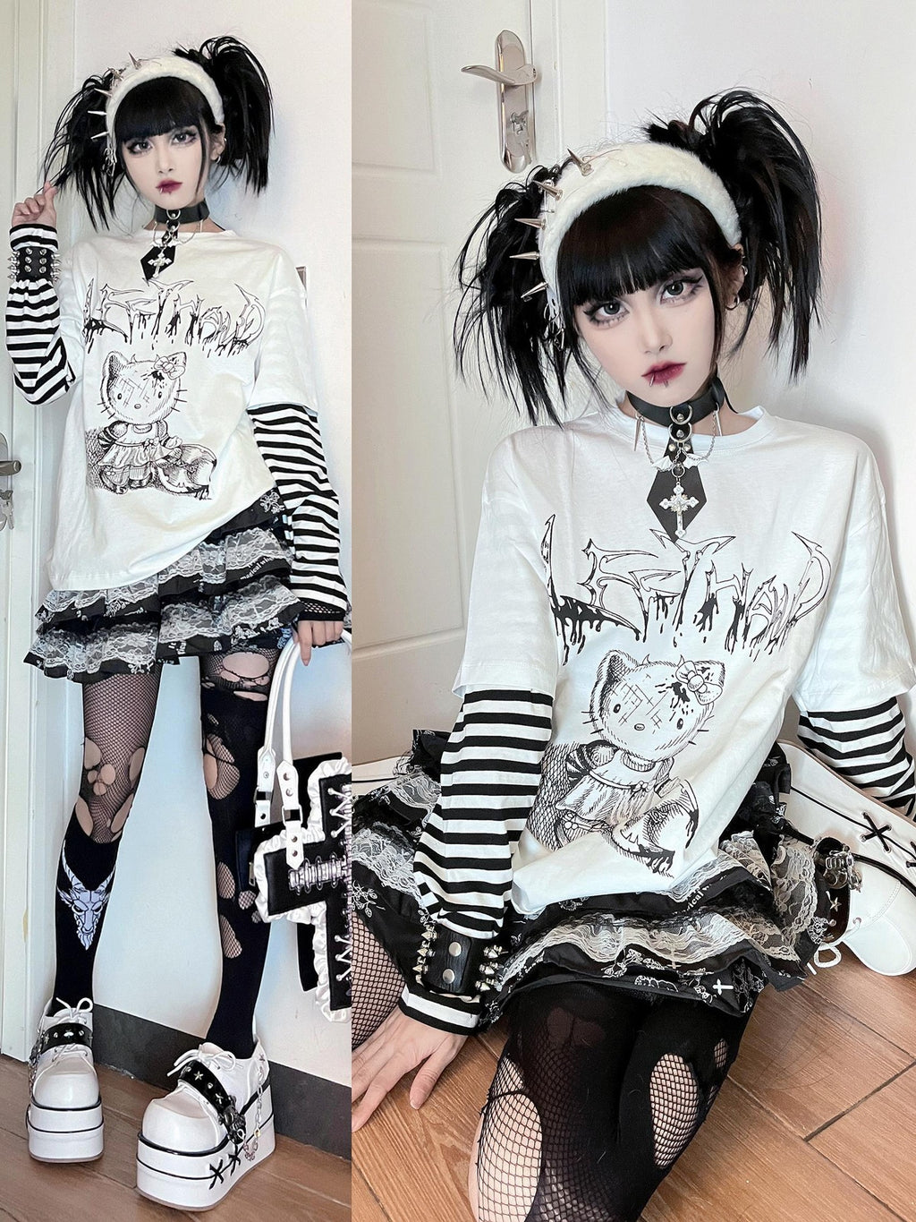 Alita26SS Punk Comic Print Faux Layered Loose Fit Women's Cotton Long Sleeve T-shirts