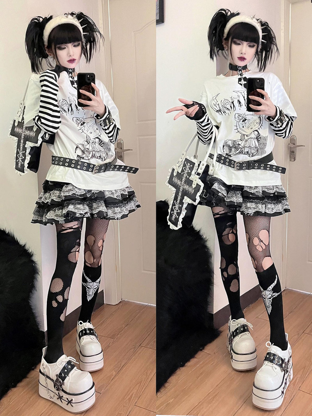 Alita26SS Punk Comic Print Faux Layered Loose Fit Women's Cotton Long Sleeve T-shirts