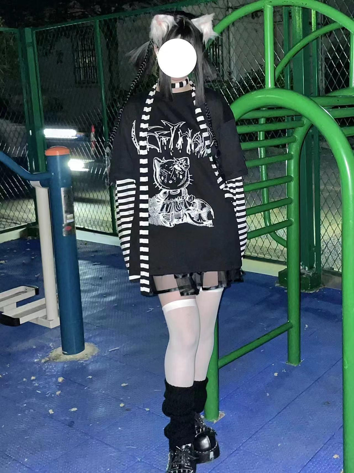 Alita26SS Punk Comic Print Faux Layered Loose Fit Women's Cotton Long Sleeve T-shirts