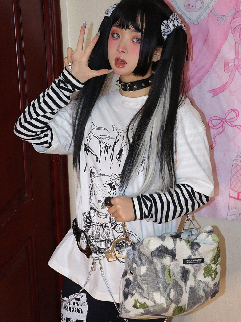 Alita26SS Punk Comic Print Faux Layered Loose Fit Women's Cotton Long Sleeve T-shirts
