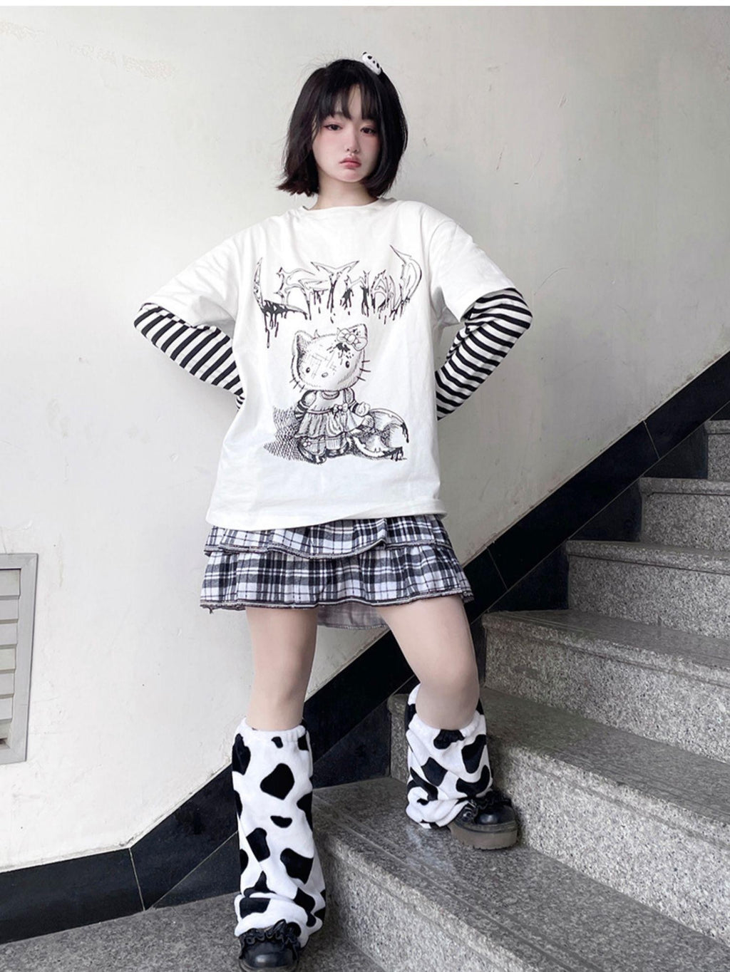 Alita26SS Punk Comic Print Faux Layered Loose Fit Women's Cotton Long Sleeve T-shirts