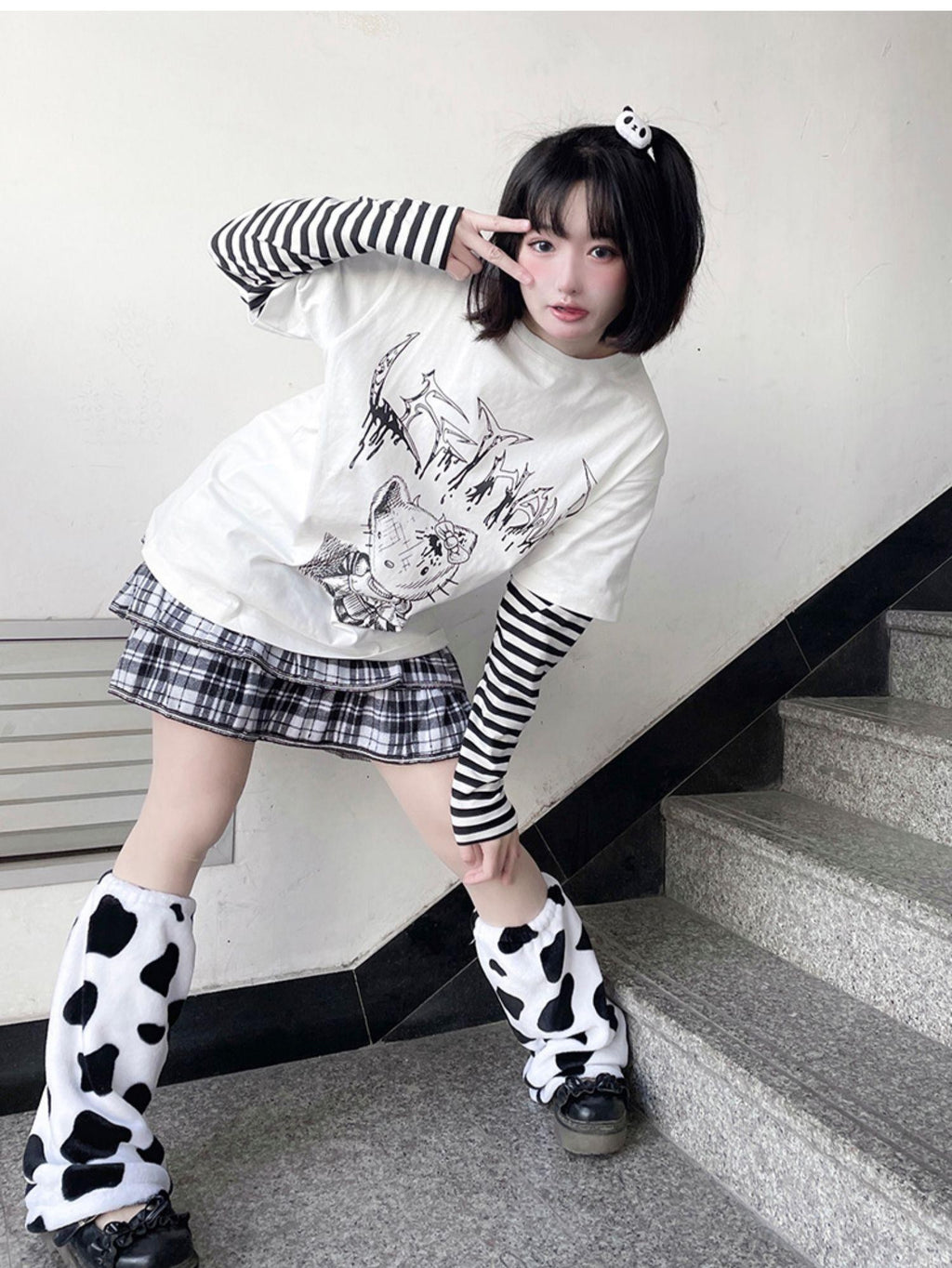 Alita26SS Punk Comic Print Faux Layered Loose Fit Women's Cotton Long Sleeve T-shirts