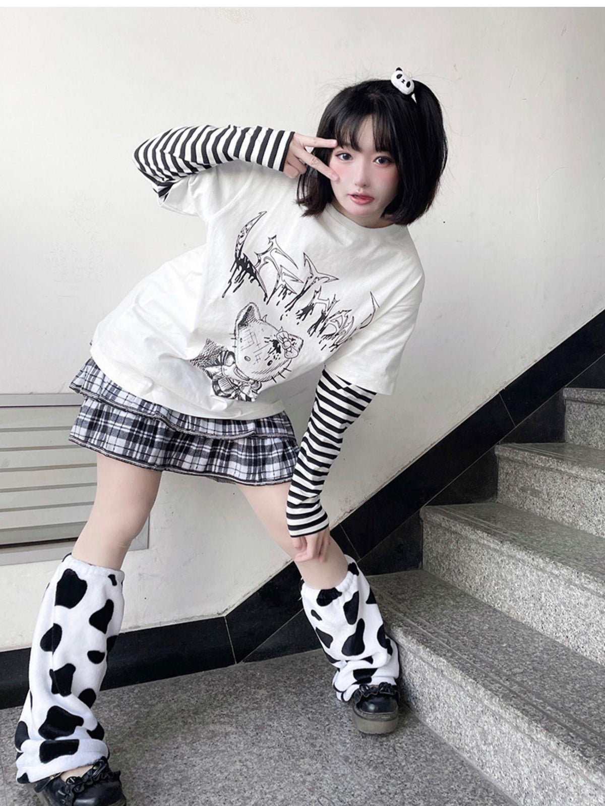 Alita26SS Punk Comic Print Faux Layered Loose Fit Women's Cotton Long Sleeve T-shirts