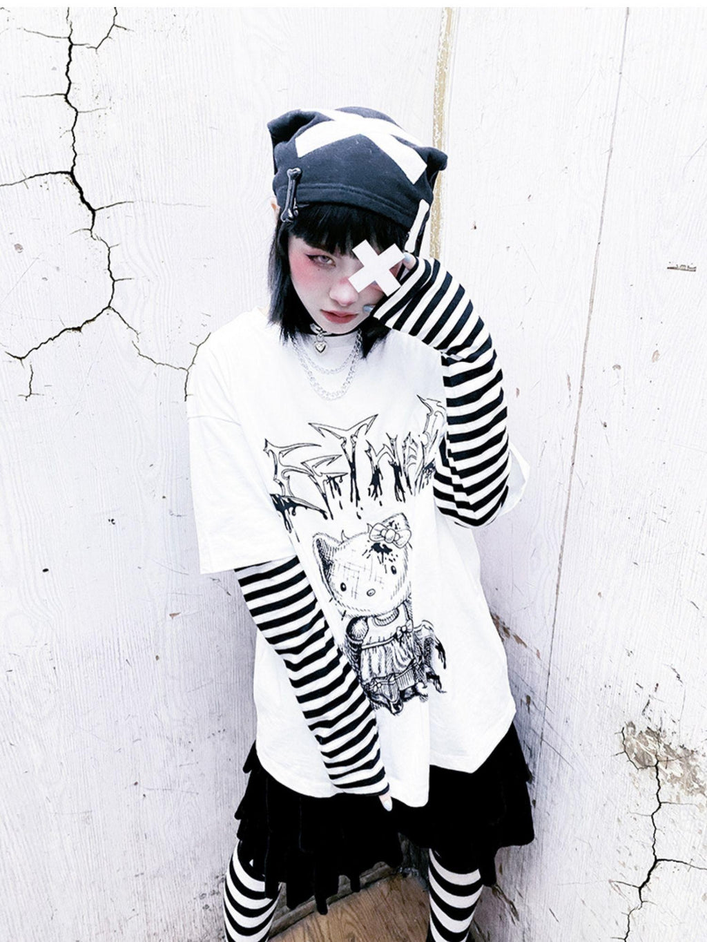 Alita26SS Punk Comic Print Faux Layered Loose Fit Women's Cotton Long Sleeve T-shirts
