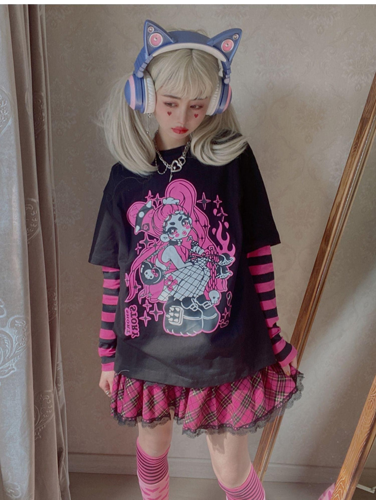 Alita26SS Punk Comic Print Faux Layered Loose Fit Women's Cotton Long Sleeve T-shirts