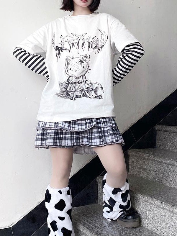 Alita26SS Punk Comic Print Loose Fit Cotton Women's Long Sleeve T-shirts