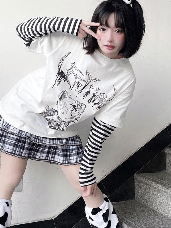 Alita26SS Punk Comic Print Loose Fit Cotton Women's Long Sleeve T-shirts