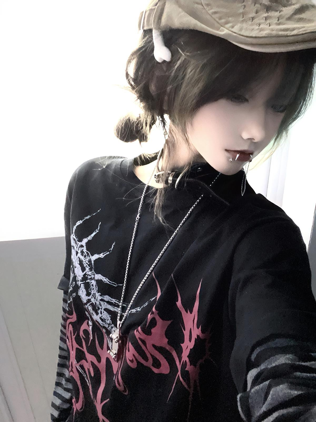 Alita26SS Punk Faux Layer Loose Fit Cotton Women's Long Sleeve T-shirts