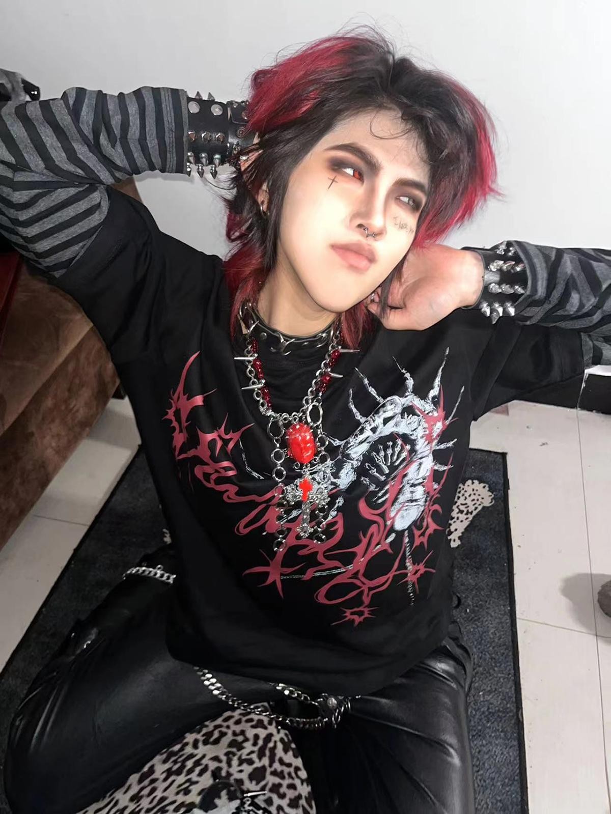 Alita26SS Punk Faux Layer Loose Fit Cotton Women's Long Sleeve T-shirts