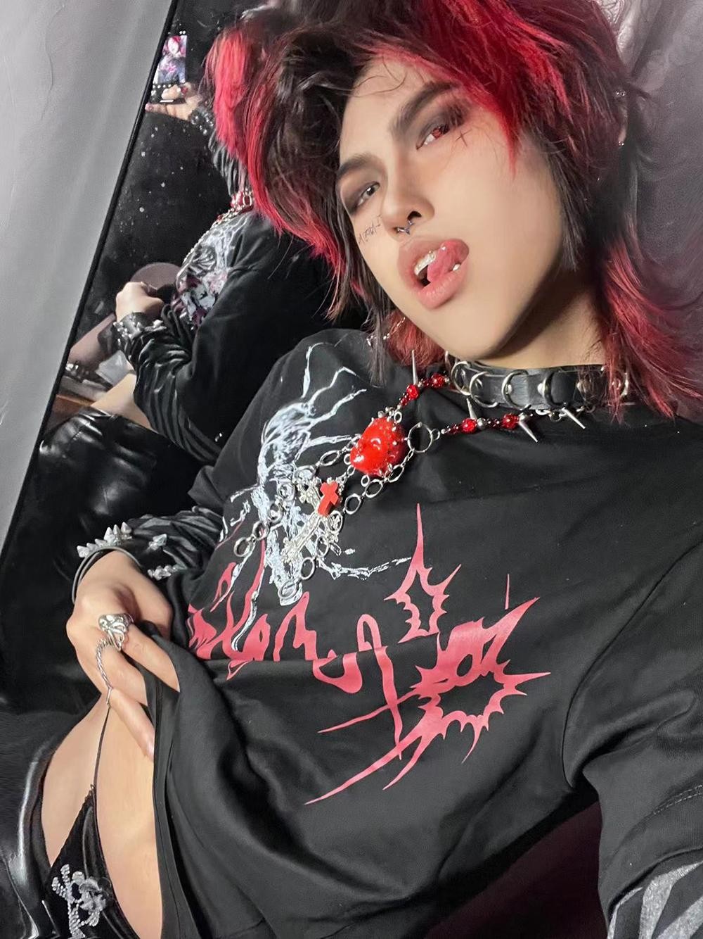 Alita26SS Punk Faux Layer Loose Fit Cotton Women's Long Sleeve T-shirts