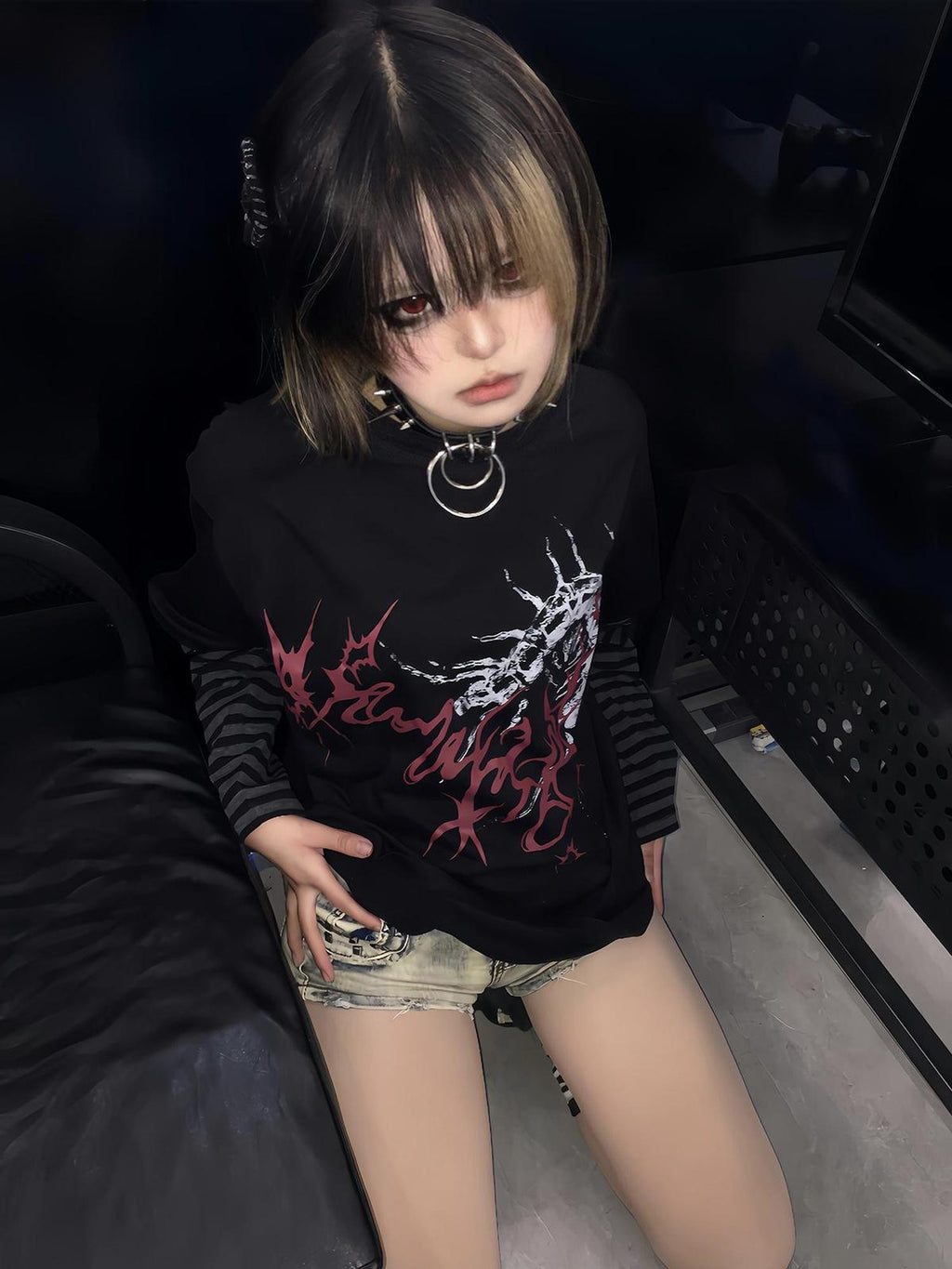 Alita26SS Punk Faux Layer Loose Fit Cotton Women's Long Sleeve T-shirts
