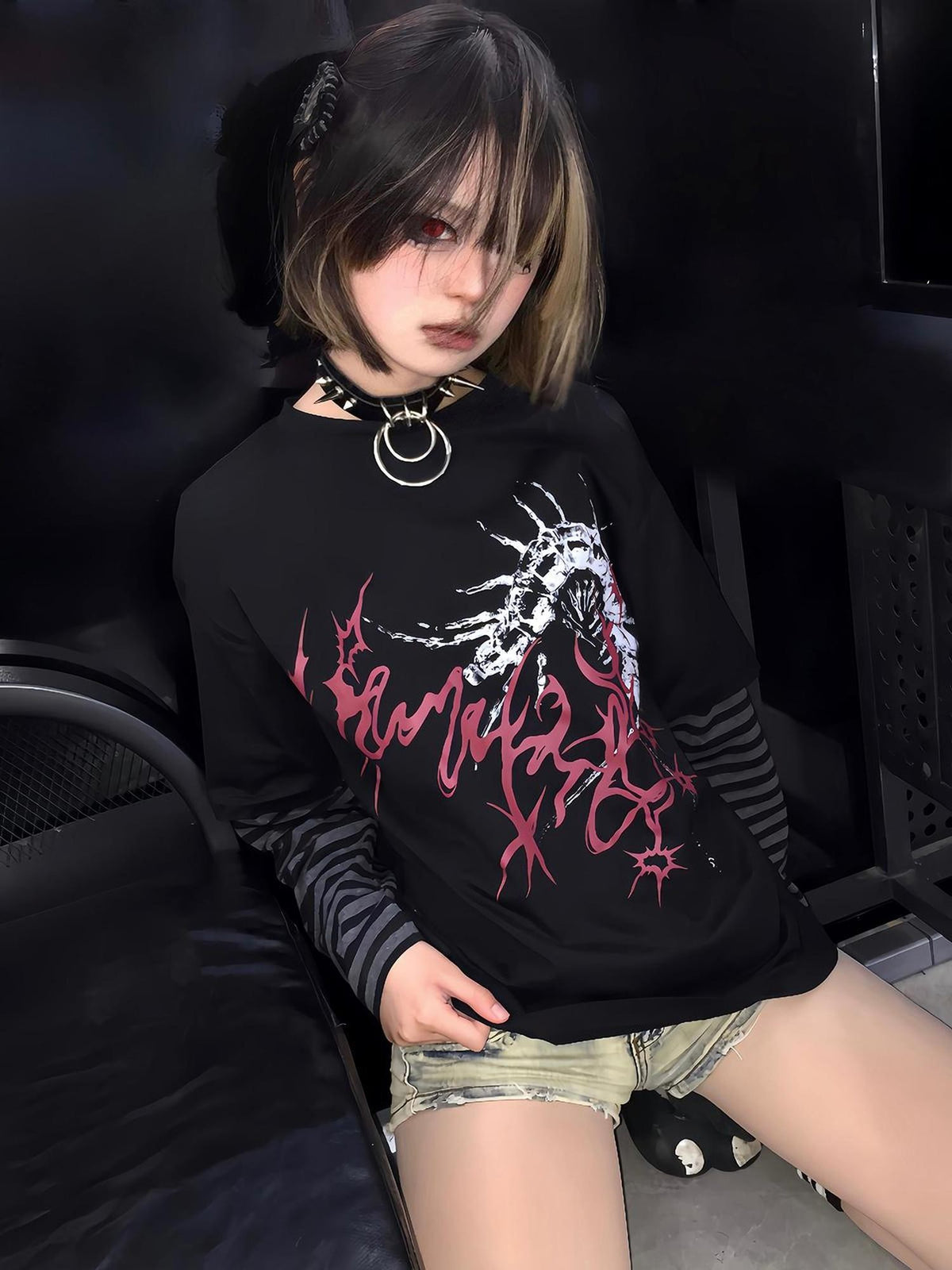 Alita26SS Punk Faux Layer Loose Fit Cotton Women's Long Sleeve T-shirts