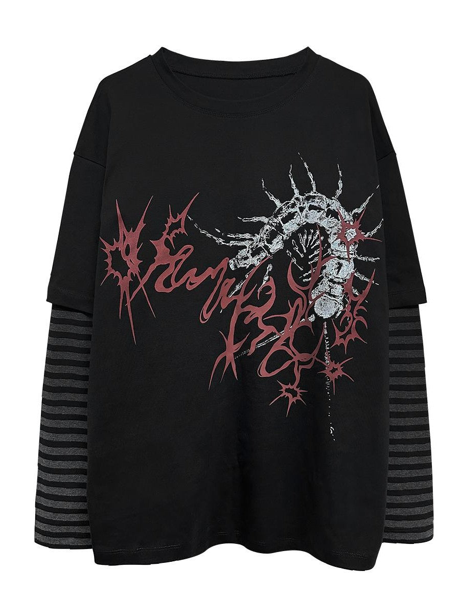 Alita26SS Punk Faux Layer Loose Fit Cotton Women's Long Sleeve T-shirts