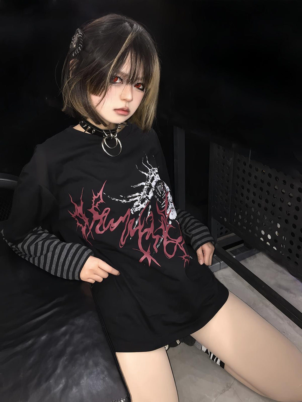 Alita26SS Punk Faux Layer Loose Fit Cotton Women's Long Sleeve T-shirts