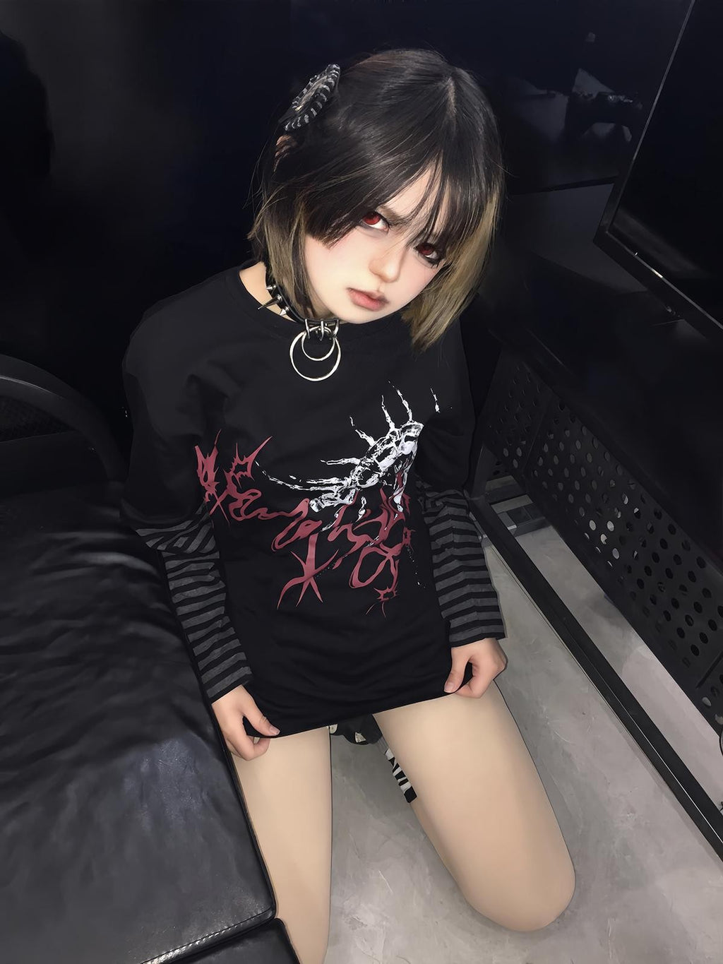 Alita26SS Punk Faux Layer Loose Fit Cotton Women's Long Sleeve T-shirts