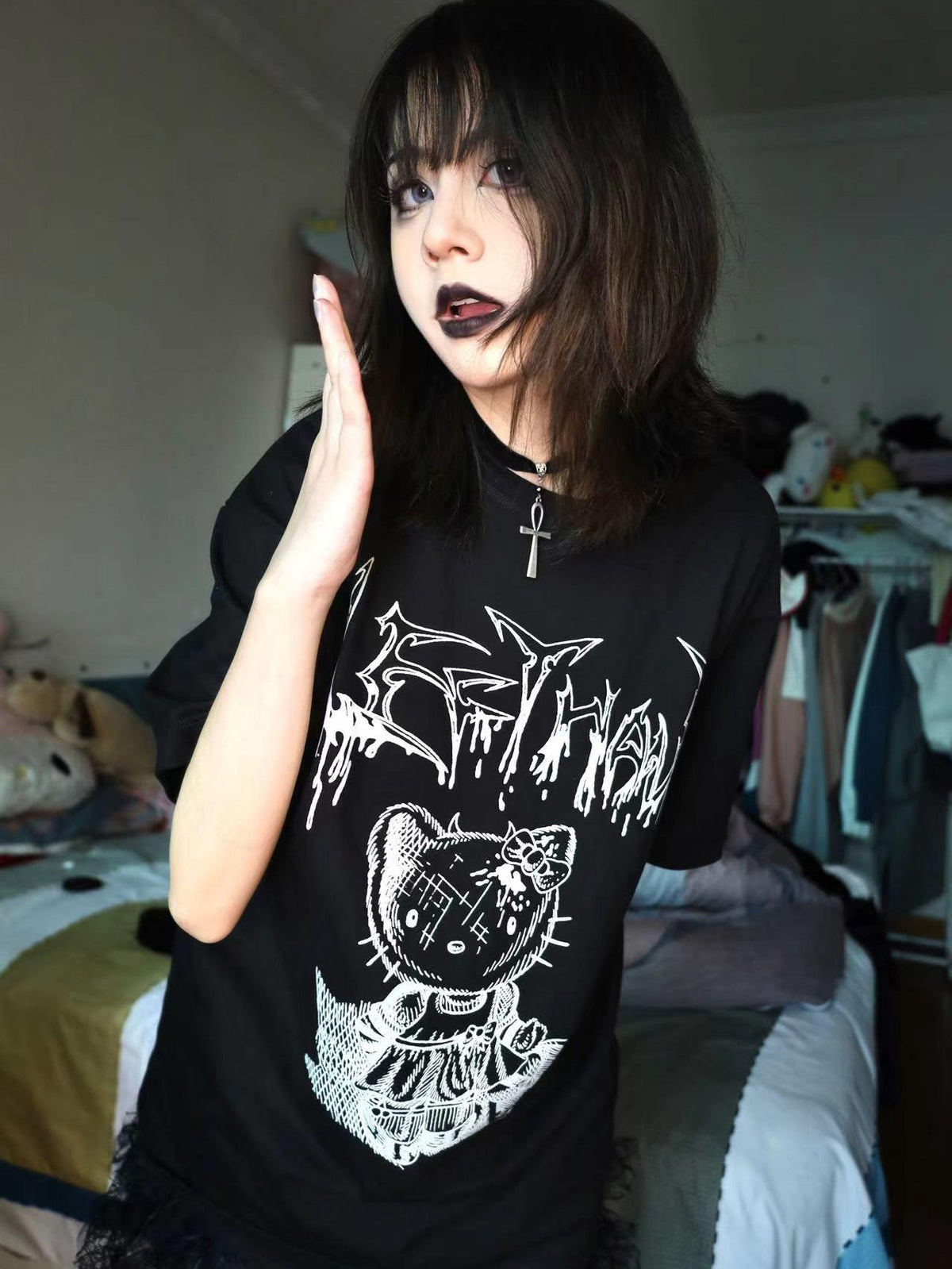 Alita26SS Punk Graphic Print Round Neck Loose Fit Cotton Women's Short Sleeve T-shirts