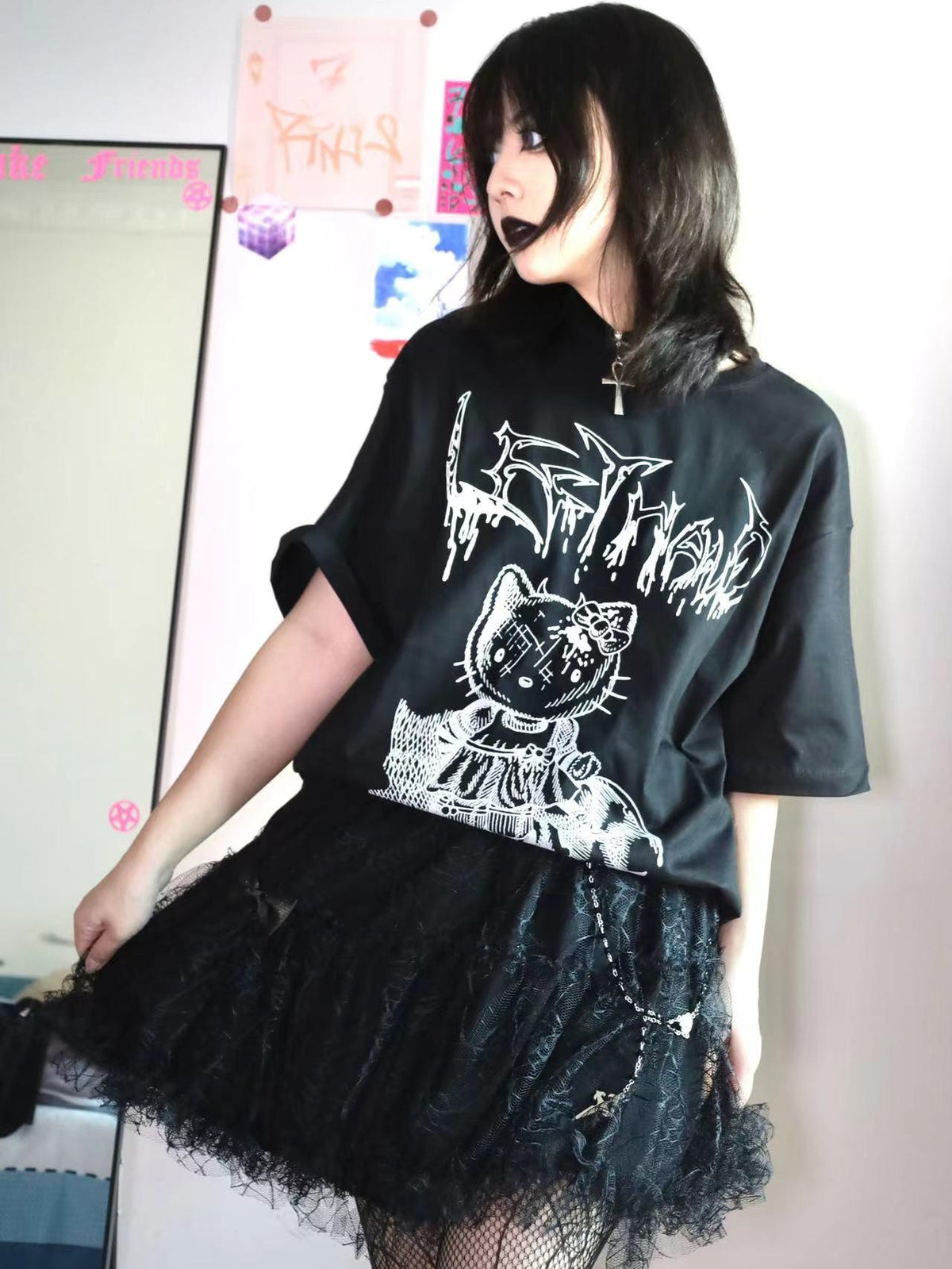 Alita26SS Punk Graphic Print Round Neck Loose Fit Cotton Women's Short Sleeve T-shirts