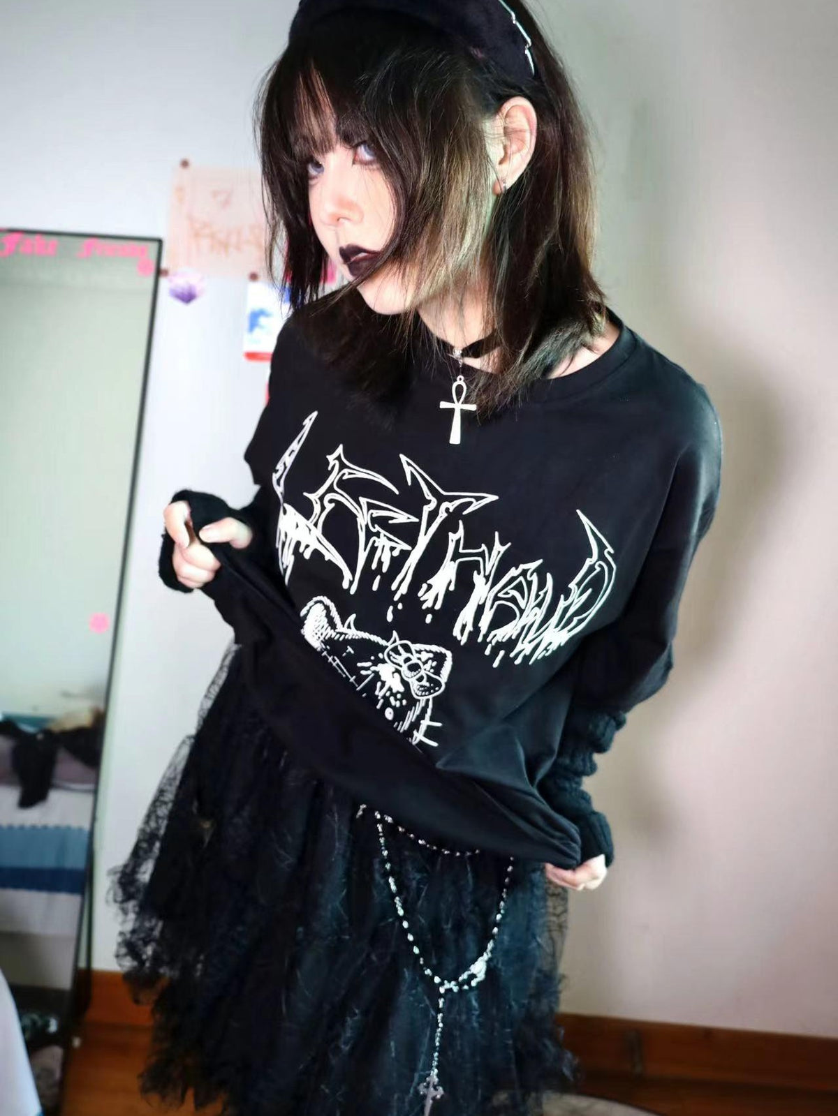 Alita26SS Punk Graphic Print Round Neck Loose Fit Cotton Women's Short Sleeve T-shirts