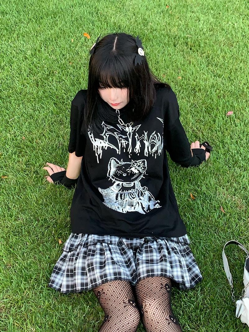 Alita26SS Punk Graphic Print Round Neck Loose Fit Cotton Women's Short Sleeve T-shirts