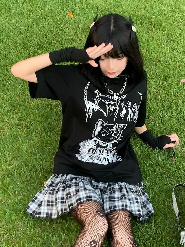 Alita26SS Punk Graphic Print Round Neck Loose Fit Cotton Women's Short Sleeve T-shirts