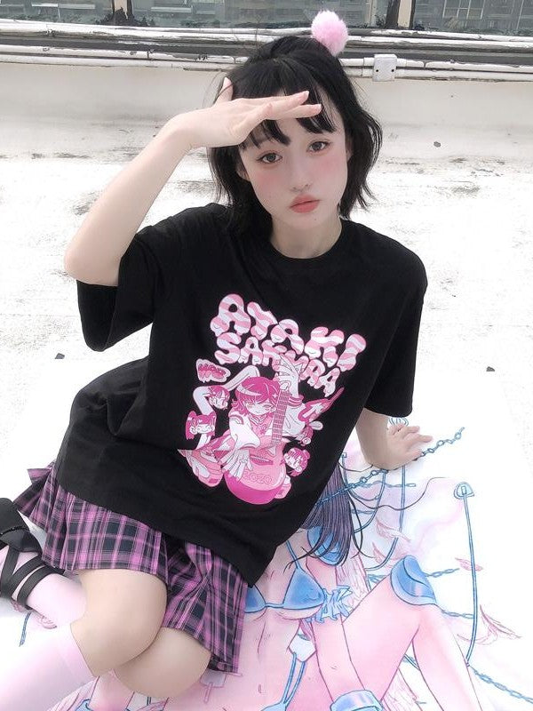 Alita26SS Punk Graphic Print Round Neck Loose Fit Cotton Women's Short Sleeve T-shirts