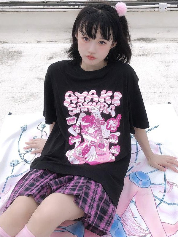 Alita26SS Punk Graphic Print Round Neck Loose Fit Cotton Women's Short Sleeve T-shirts