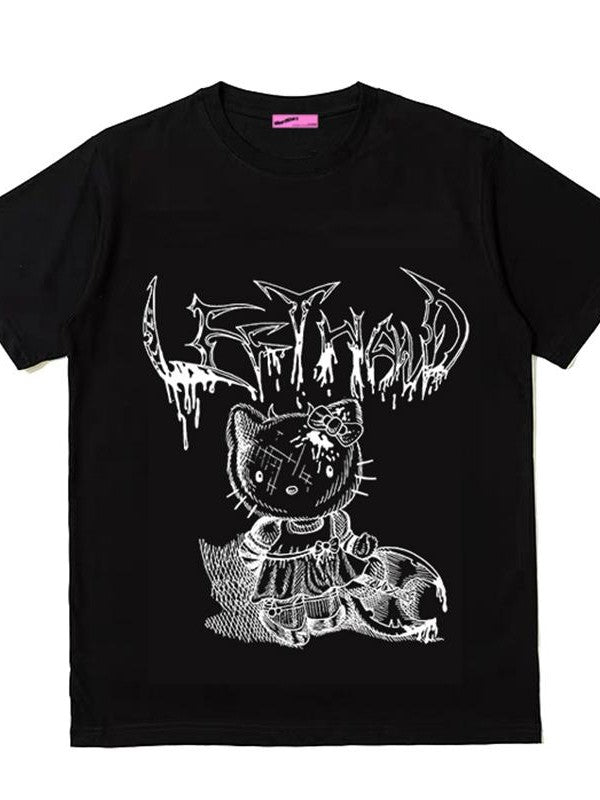 Alita26SS Punk Graphic Print Round Neck Loose Fit Cotton Women's Short Sleeve T-shirts
