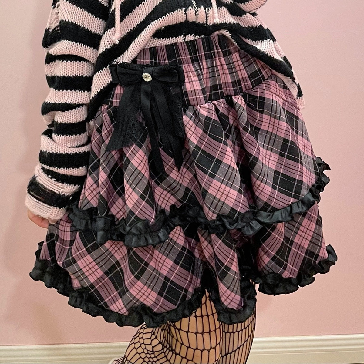 Alita26SS_Punk_Plaid_Lace_Ruffle_Bow_Color_Block_High_Waist_Women's_Tiered_Skirts_680522994449_MISSTT