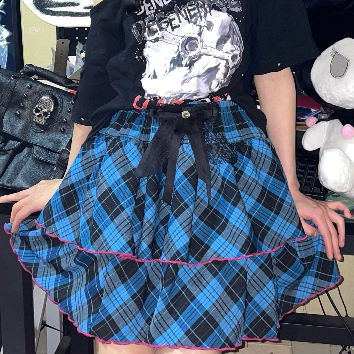 Alita26SS_Punk_Plaid_Lace_Ruffle_Bow_Color_Block_High_Waist_Women's_Tiered_Skirts_680522994449_MISSTT