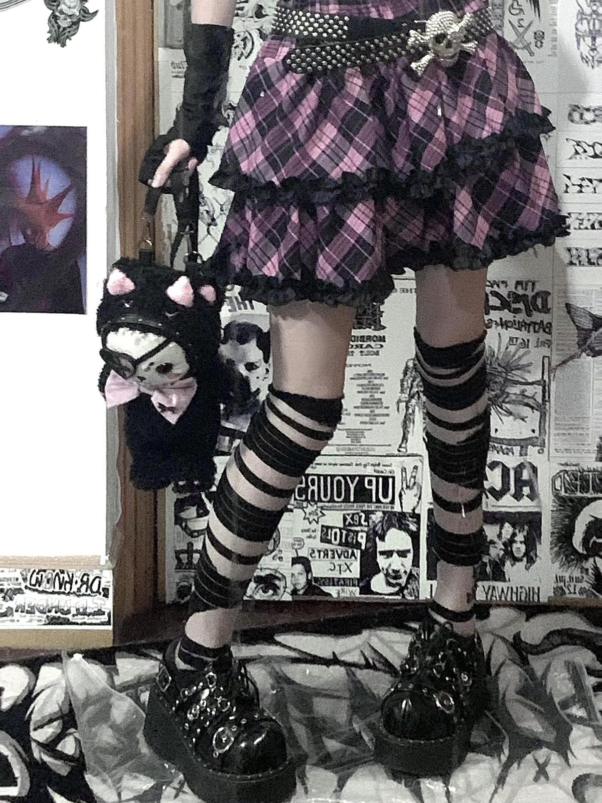 Alita26SS Punk Plaid Lace Ruffle Bow Color Block High Waist Women's Tiered Skirts