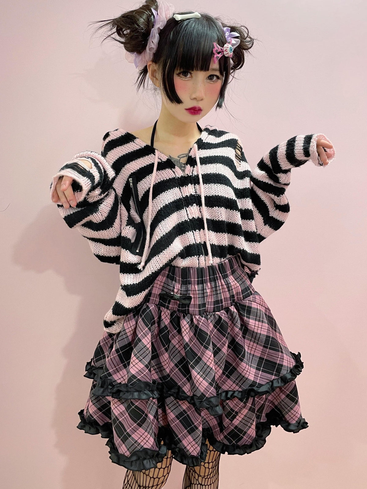 Alita26SS Punk Plaid Lace Ruffle Bow Color Block High Waist Women's Tiered Skirts