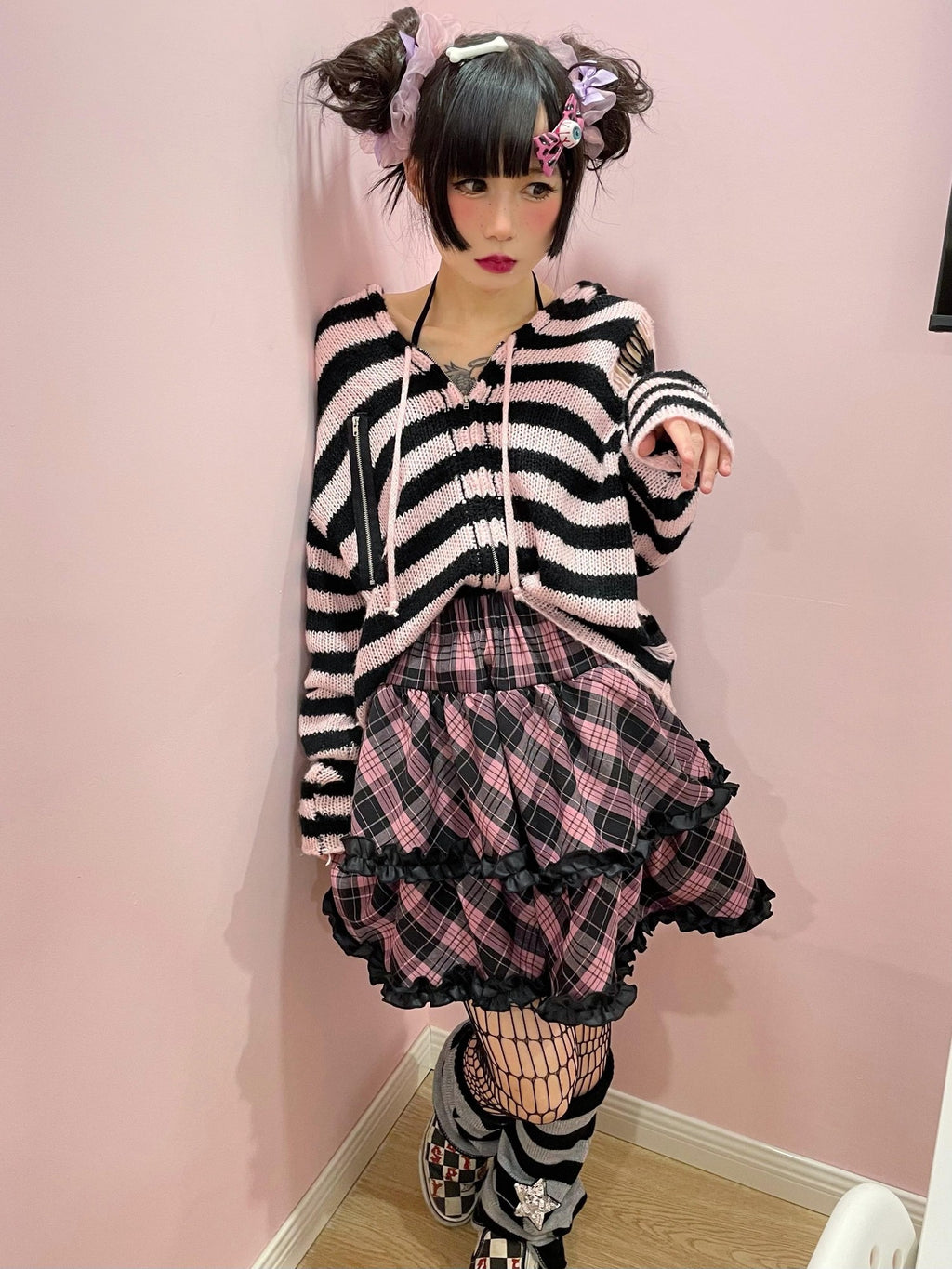 Alita26SS Punk Plaid Lace Ruffle Bow Color Block High Waist Women's Tiered Skirts