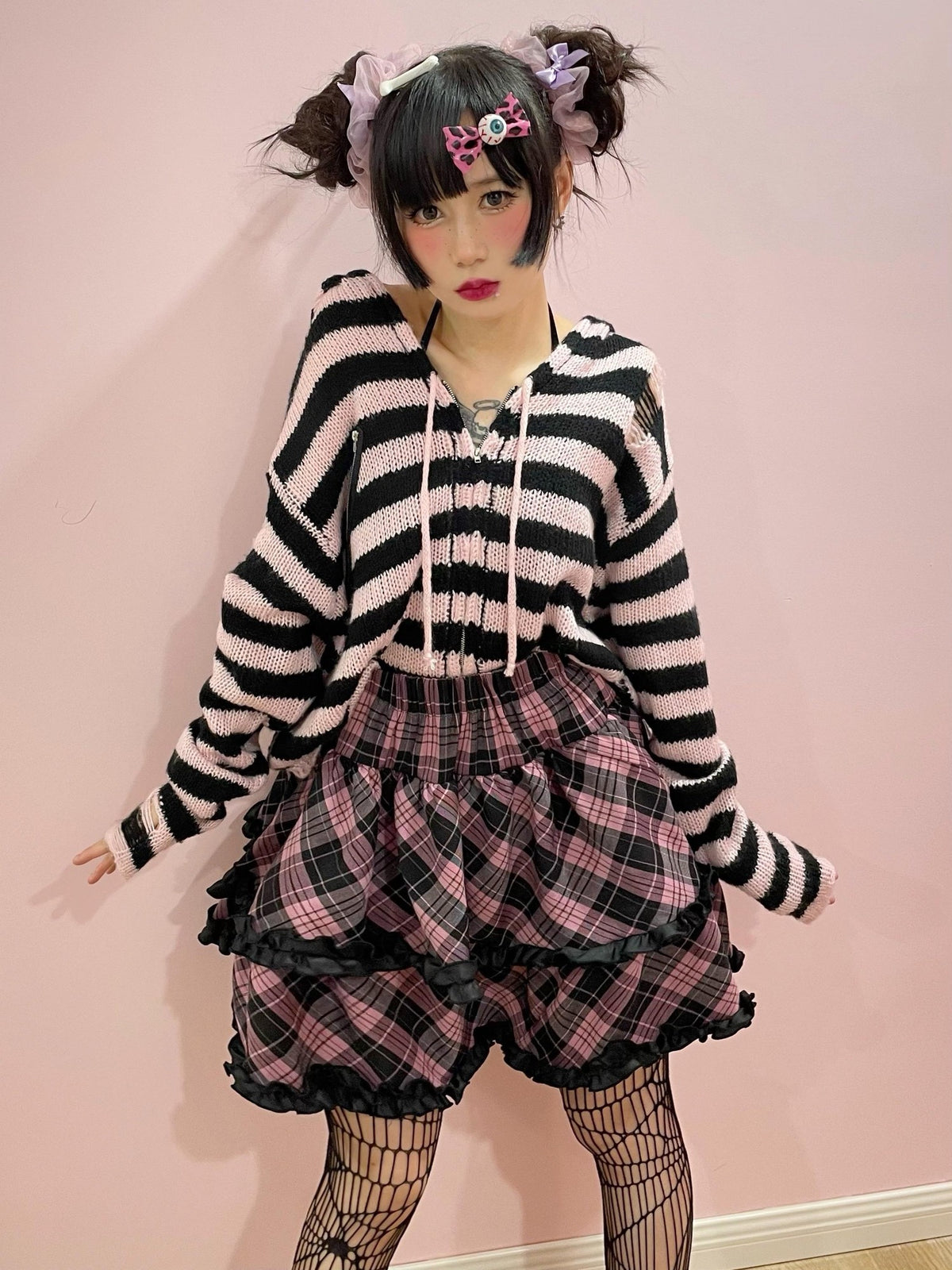Alita26SS Punk Plaid Lace Ruffle Bow Color Block High Waist Women's Tiered Skirts