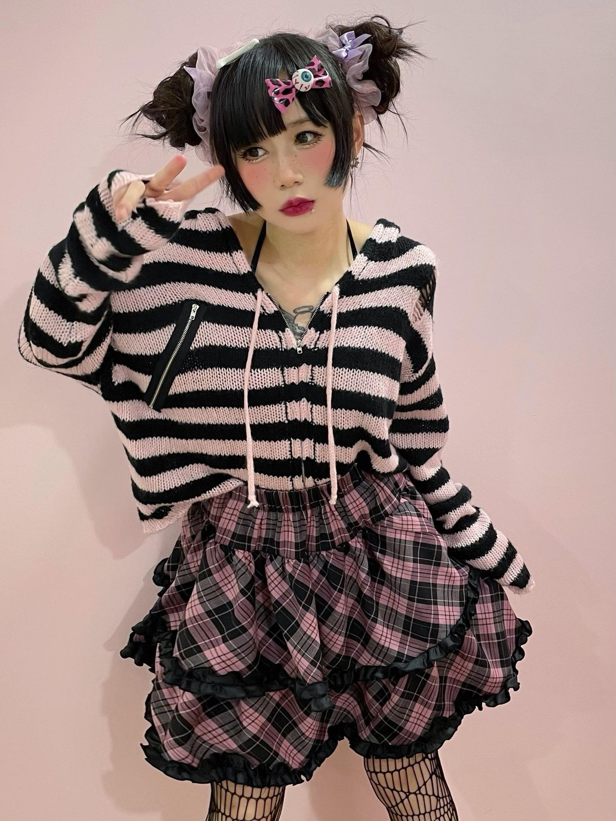 Alita26SS Punk Plaid Lace Ruffle Bow Color Block High Waist Women's Tiered Skirts