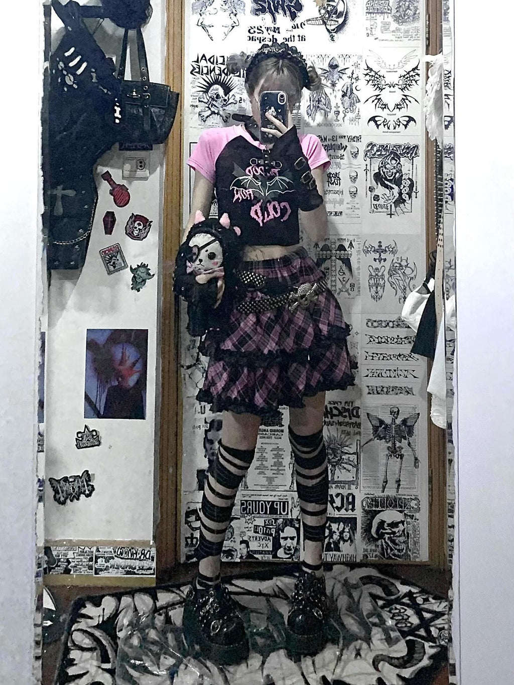 Alita26SS Punk Plaid Lace Ruffle Bow Color Block High Waist Women's Tiered Skirts