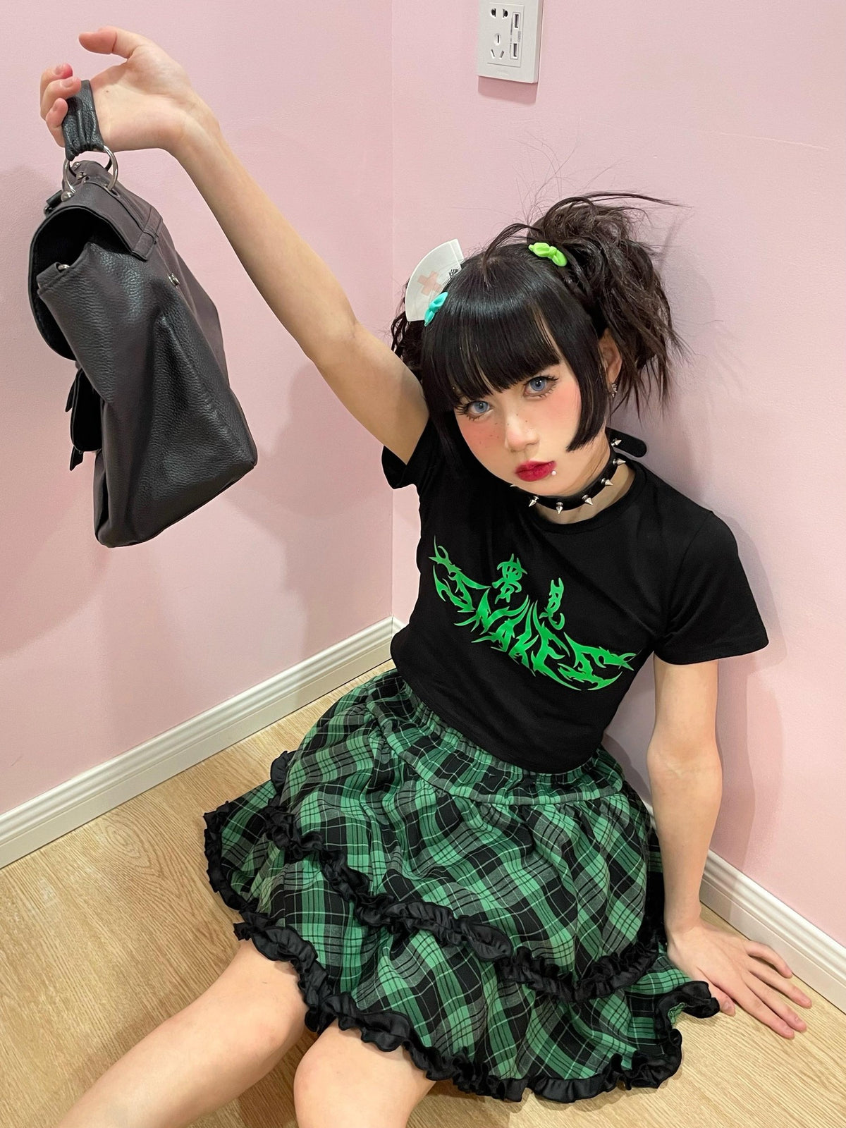 Alita26SS Punk Plaid Lace Ruffle Bow Color Block High Waist Women's Tiered Skirts