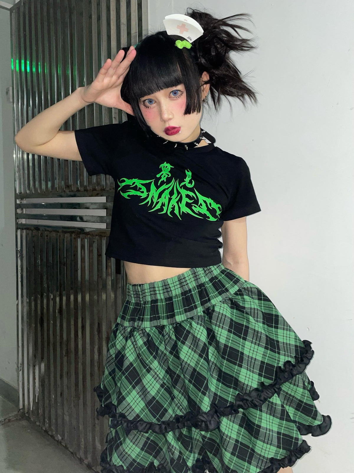 Alita26SS Punk Plaid Lace Ruffle Bow Color Block High Waist Women's Tiered Skirts