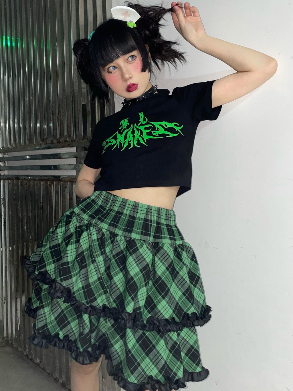 Alita26SS Punk Plaid Lace Ruffle Bow Color Block High Waist Women's Tiered Skirts