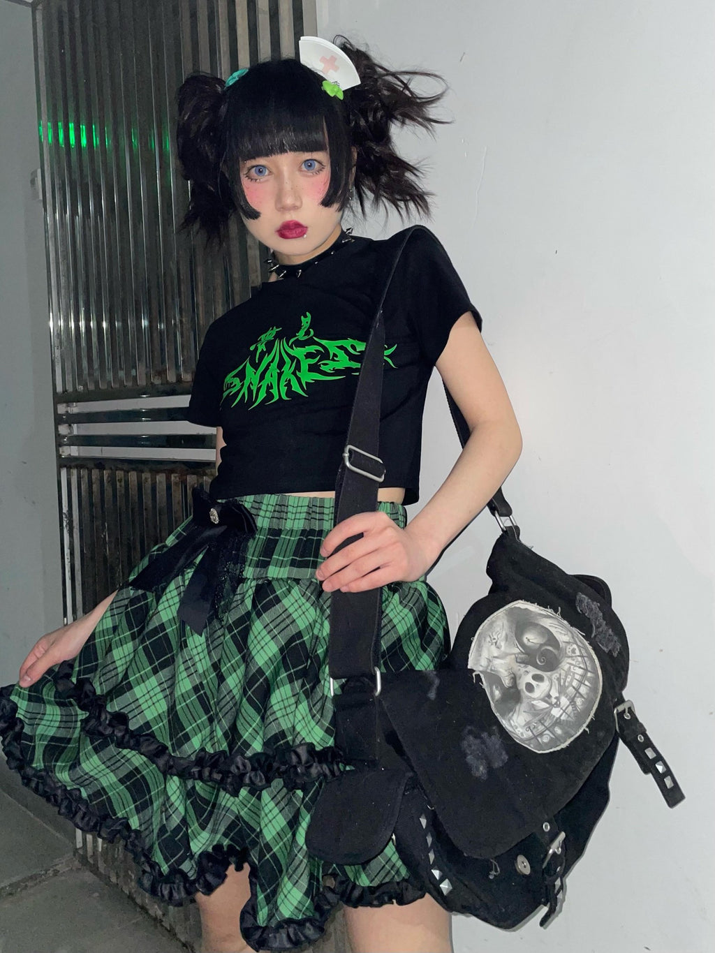 Alita26SS Punk Plaid Lace Ruffle Bow Color Block High Waist Women's Tiered Skirts