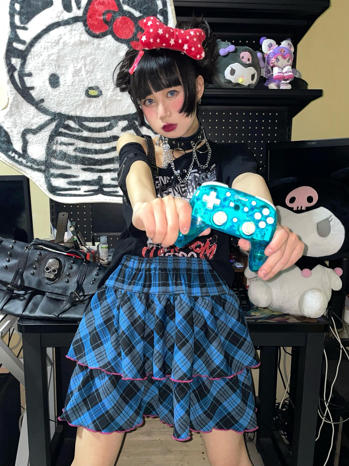 Alita26SS Punk Plaid Lace Ruffle Bow Color Block High Waist Women's Tiered Skirts