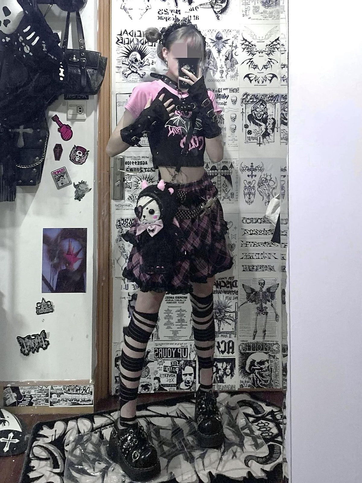 Alita26SS Punk Plaid Lace Ruffle Bow Color Block High Waist Women's Tiered Skirts