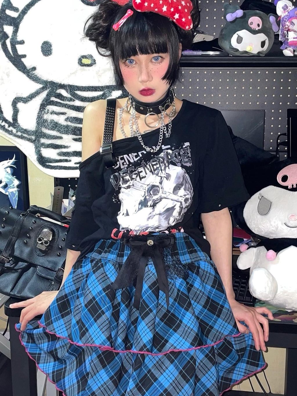 Alita26SS Punk Plaid Lace Ruffle Bow Color Block High Waist Women's Tiered Skirts