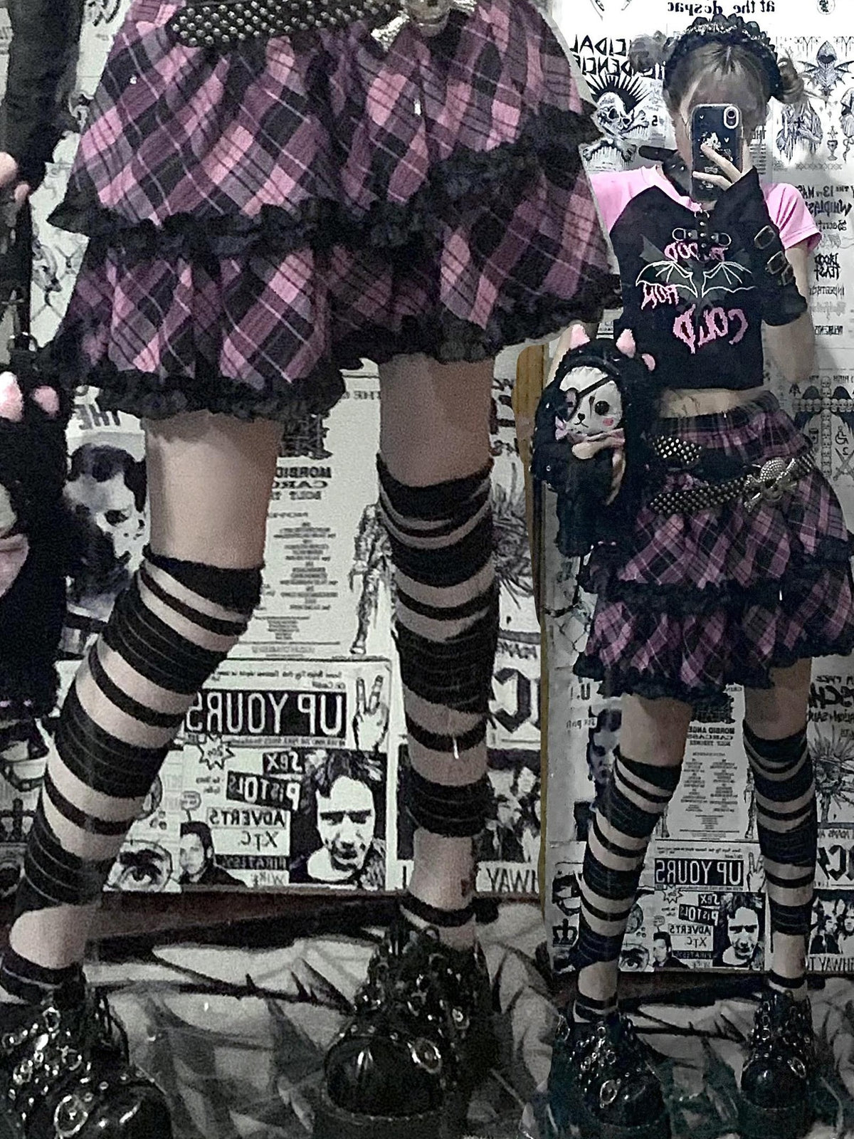 Alita26SS Punk Plaid Lace Ruffle Bow Color Block High Waist Women's Tiered Skirts